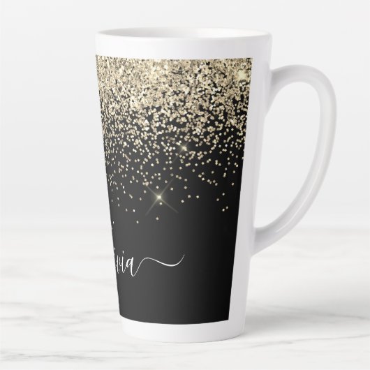Gouden Zwarte Glitter Script Monogram Meisjesnaam Latte Mok (Rechts)