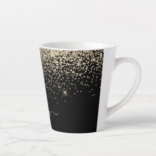 Gouden Zwarte Glitter Script Monogram Meisjesnaam Latte Mok (Rechts)