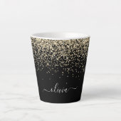 Gouden Zwarte Glitter Script Monogram Meisjesnaam Latte Mok (Voorkant)