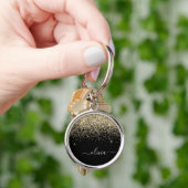 Gouden Zwarte Glitter Script Monogram Meisjesnaam Sleutelhanger (Hand)