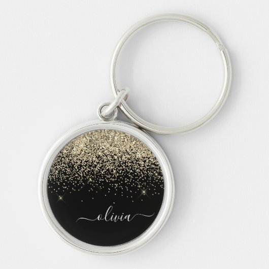 Gouden Zwarte Glitter Script Monogram Meisjesnaam Sleutelhanger (Voorkant)