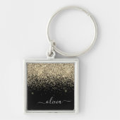 Gouden Zwarte Glitter Script Monogram Meisjesnaam Sleutelhanger (Voorkant)