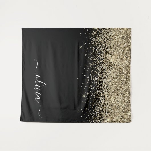 Gouden Zwarte Glitter Script Monogram Meisjesnaam Wandkleed (Voorkant (horizontaal))