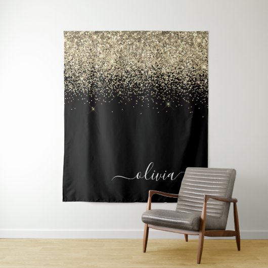 Gouden Zwarte Glitter Script Monogram Meisjesnaam Wandkleed (In situ)