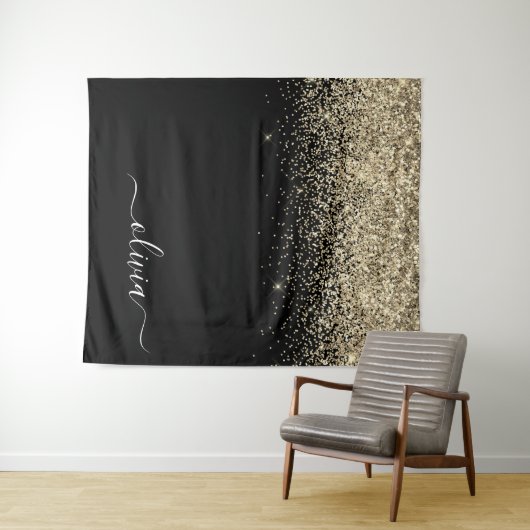Gouden Zwarte Glitter Script Monogram Meisjesnaam Wandkleed (In Situ (horizontaal))