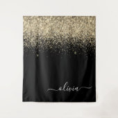 Gouden Zwarte Glitter Script Monogram Meisjesnaam Wandkleed (Voorkant)