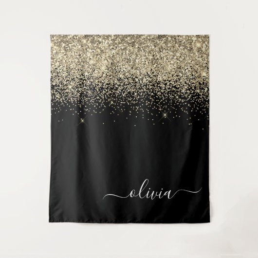 Gouden Zwarte Glitter Script Monogram Meisjesnaam Wandkleed (Voorkant)