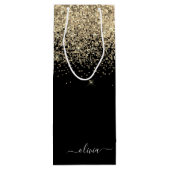 Gouden Zwarte Glitter Script Monogram Meisjesnaam Wijn Cadeautas (Achterkant)