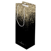 Gouden Zwarte Glitter Script Monogram Meisjesnaam Wijn Cadeautas (Voorkant Gekanteld)