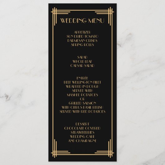 Gouden Zwarte Great Gatsby Art Deco Trouwmenu Menu (Voorkant)