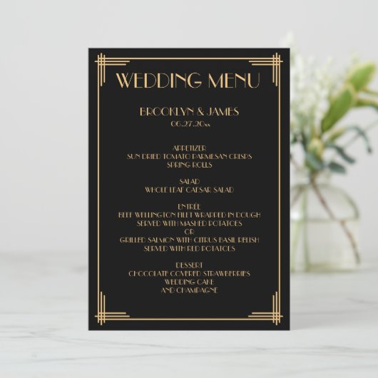 Gouden Zwarte Great Gatsby Art Deco Trouwmenu Menu (Staand voorkant)