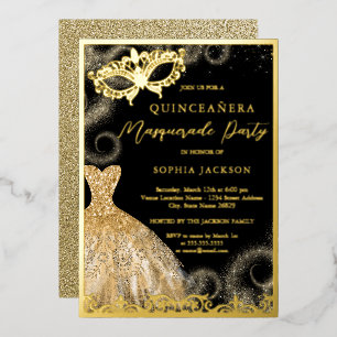 Gouden Zwarte Jurk Masquerade Feest Quinceanera Folie Uitnodiging