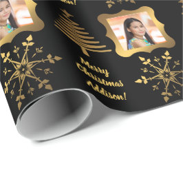 Gouden Zwarte Kerstboom Aangepaste Foto Sentiment Cadeaupapier