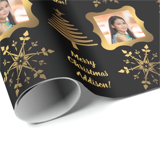 Gouden Zwarte Kerstboom Aangepaste Foto Sentiment Cadeaupapier (Rol Hoek)