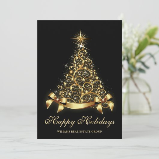 Gouden Zwarte Kerstboom Zakelijke Groet Feestdagenkaart (Staand voorkant)