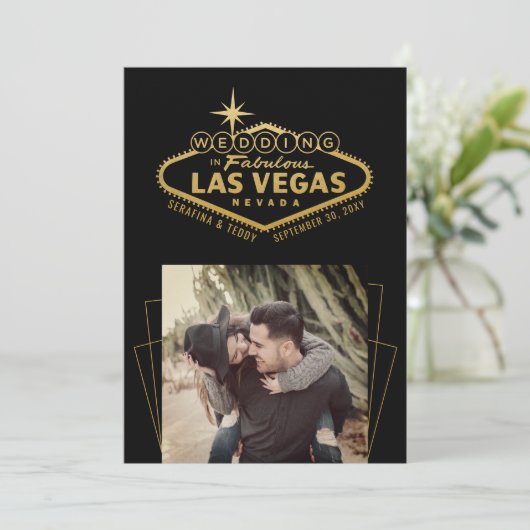 Gouden Zwarte Las Vegas Huwelijksfoto Save The Date (Staand voorkant)