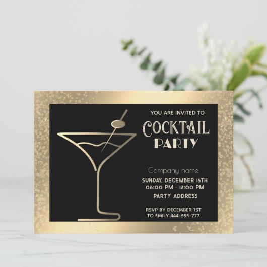 Gouden zwarte luxe vakantie cocktail party kaart (Staand voorkant)