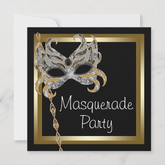 Gouden Zwarte Maskerade Feest Uitnodigingen (Voorkant)