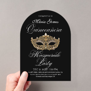 Gouden Zwarte Masquerade Quinceanera Verjaardag Acryl Uitnodigingen