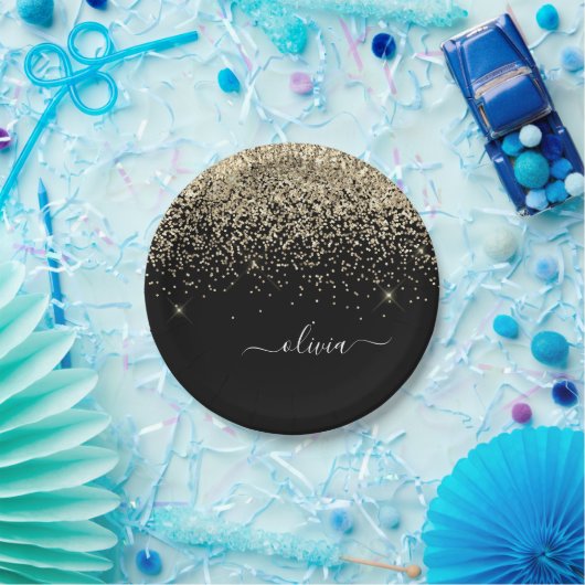 Gouden Zwarte Meisjesachtige Glitter Glans Monogra Papieren Bordje (Feest)