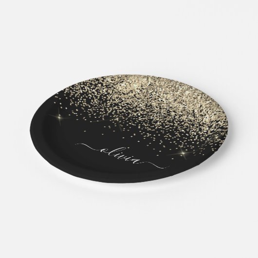 Gouden Zwarte Meisjesachtige Glitter Glans Monogra Papieren Bordje (Gekanteld)
