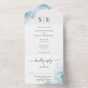 Gouden Zwarte Monogram Blauwe Aquarel Trouwfeest All In One Uitnodiging