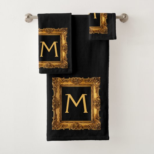 Gouden zwarte omrande monogram badhanddoekenset bad handdoek (Insitu)