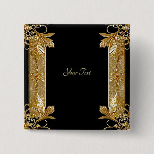 Gouden Zwarte Sierbloem Knop Vierkante Button 5,1 Cm