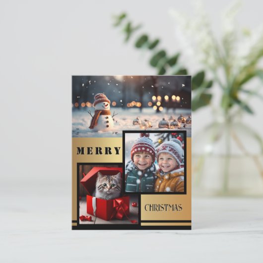 Gouden Zwarte Sneeuwman Foto Kerstmis Feestdagenkaart (Staand voorkant)