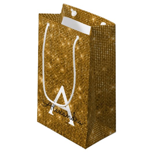 Gouden & Zwarte Sparkle Monogram - Jouw naam toevo Klein Cadeauzakje (Voorkant Gekanteld)