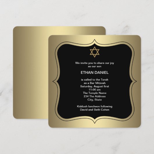 Gouden Zwarte Ster van David Bar Mitswa Kaart (Voorkant / Achterkant)