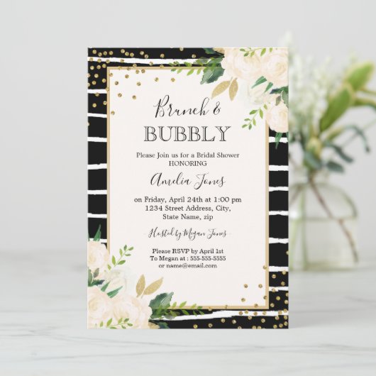 Gouden zwarte streep bloemenbrunch en bubbelige do kaart (Staand voorkant)