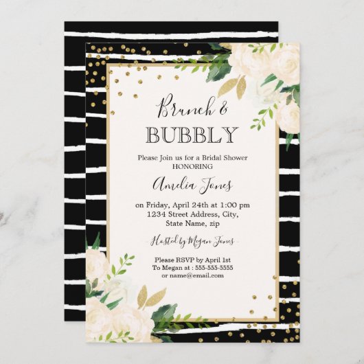 Gouden zwarte streep bloemenbrunch en bubbelige do kaart (Voorkant / Achterkant)