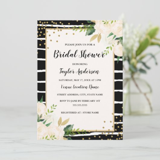 Gouden Zwarte Streep Bloemrijke Bruidsdouche Kaart (Staand voorkant)