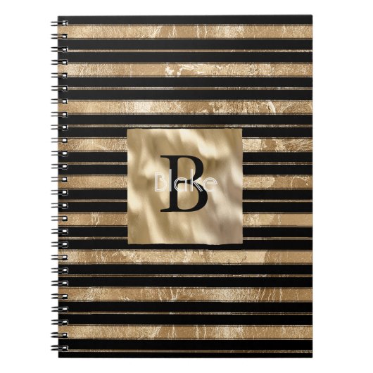 Gouden Zwarte Strepen Monogram Naam Notitieboek (Voorkant)