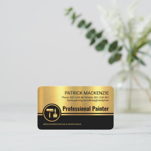 Gouden Zwarte Strepen Roller Paint Brush Visitekaartje (Staand voorkant)