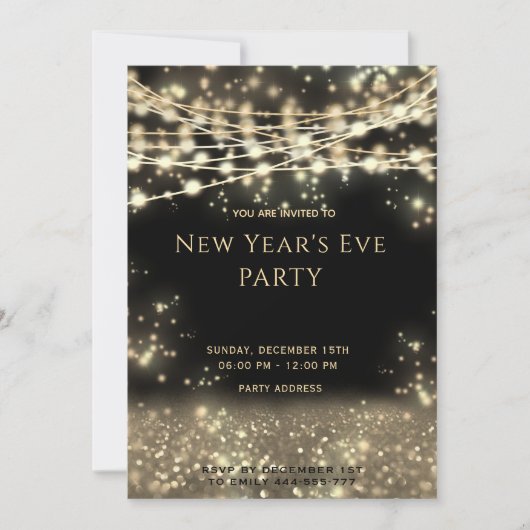 Gouden zwarte touwtjes lichten oudejaarsavond aan kaart (Voorkant)