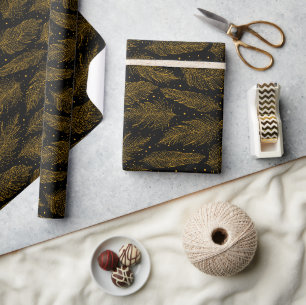 Gouden zwarte vintage veerpatroon cadeaupapier