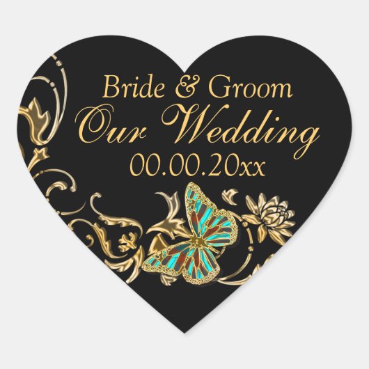 Gouden zwarte vlinder bruiloft verloving hart sticker (Voorkant)