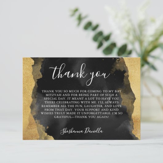 Gouden Zwarte Waterverf Bat Bar Mitzvah Bedankkaart (Staand voorkant)
