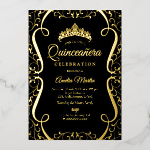 Gouden Zwarte Werveling Elegante Quinceanera Folie Uitnodiging
