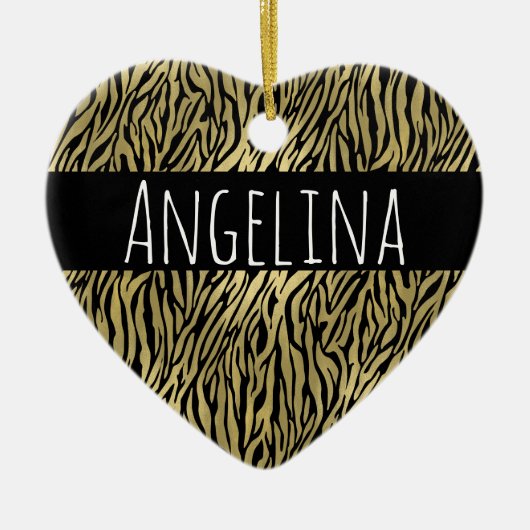Gouden Zwarte Zebra Print Gepersonaliseerde Naam Keramisch Ornament (Voorkant)