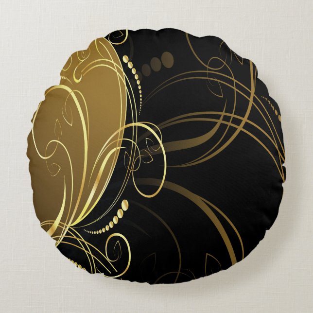 gouden zwijn, floreel, zwart, chic, modern, design rond kussen (Voorkant)