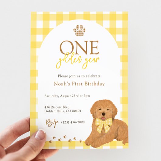 Goudendoodle Gele Gingham Eerste Verjaardag Kaart