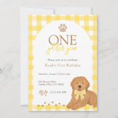 Goudendoodle Gele Gingham Eerste Verjaardag Kaart (Voorkant)
