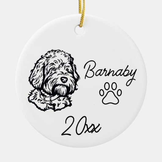 Goudendoodle hond aangepaste naam & jaar lijnkunst keramisch ornament (Voorkant)