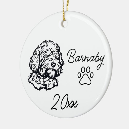 Goudendoodle hond aangepaste naam & jaar lijnkunst keramisch ornament (Links)