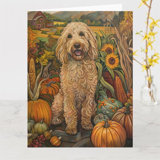 Goudendoodle hond herfst oogst Thanksgiving Kaart (Gele Bloem)