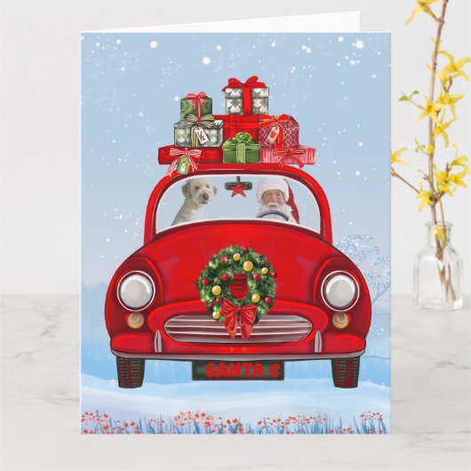 Goudendoodle-hond in auto met kerstman  kaart (Gele Bloem)