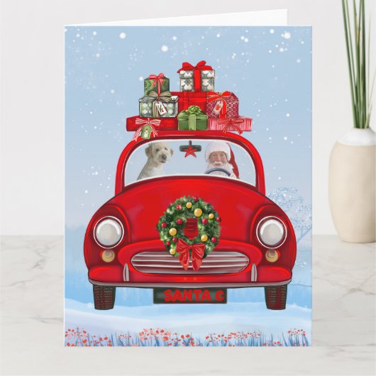 Goudendoodle-hond in auto met kerstman  kaart (Voorkant)